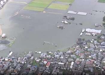 Imagem aérea de Fukui após fortes chuvas. Foto: Reprodução/ANN