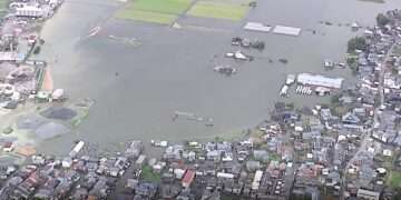 Imagem aérea de Fukui após fortes chuvas. Foto: Reprodução/ANN